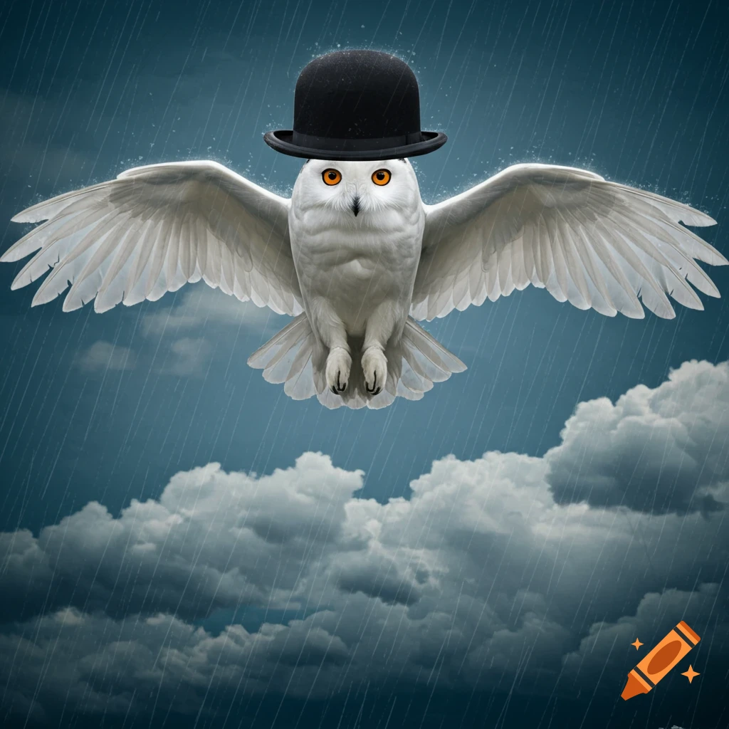 A snowy owl wearing a black bowler hat flies through the rain.