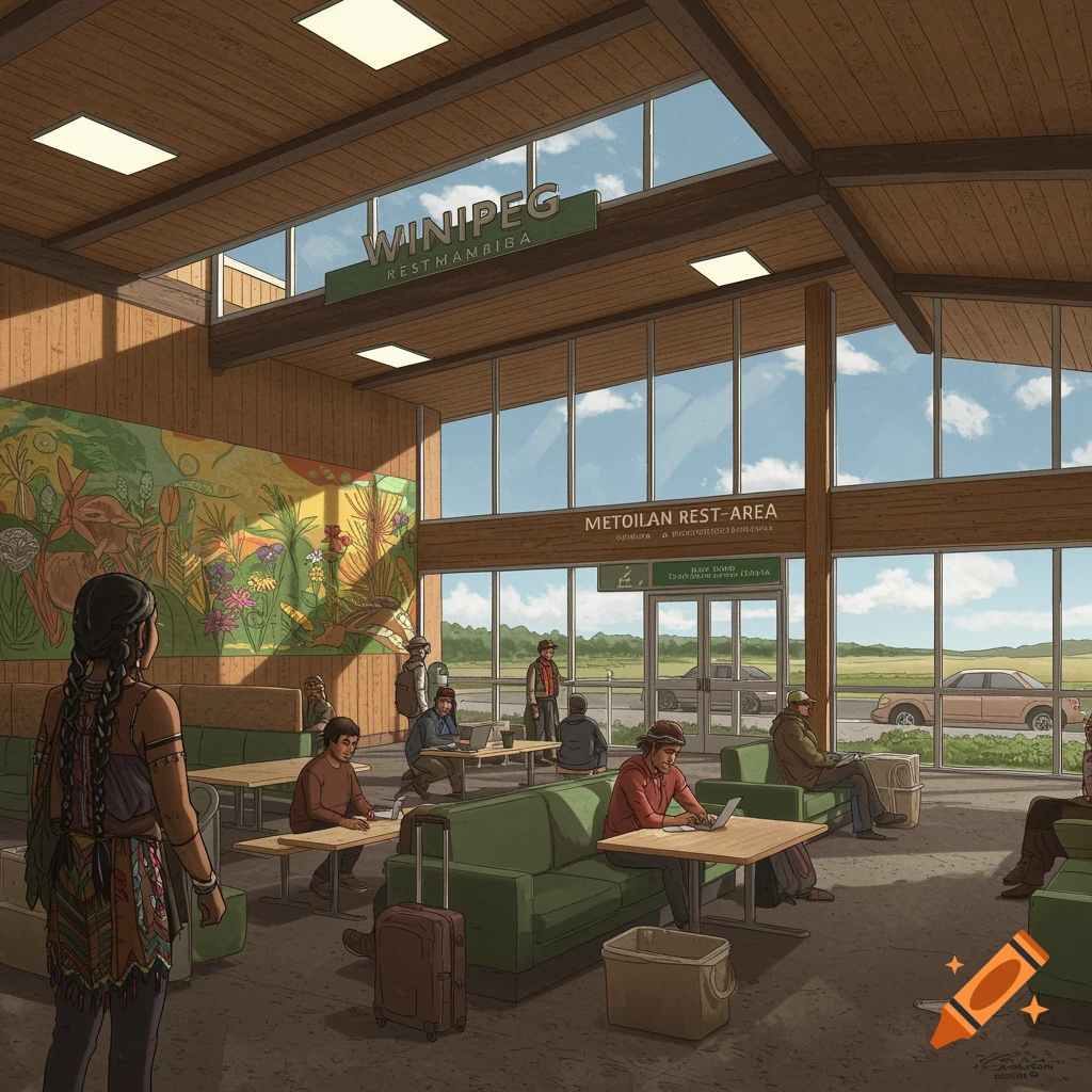 Bright rest area with people, large windows, a mural, and view of landscape.