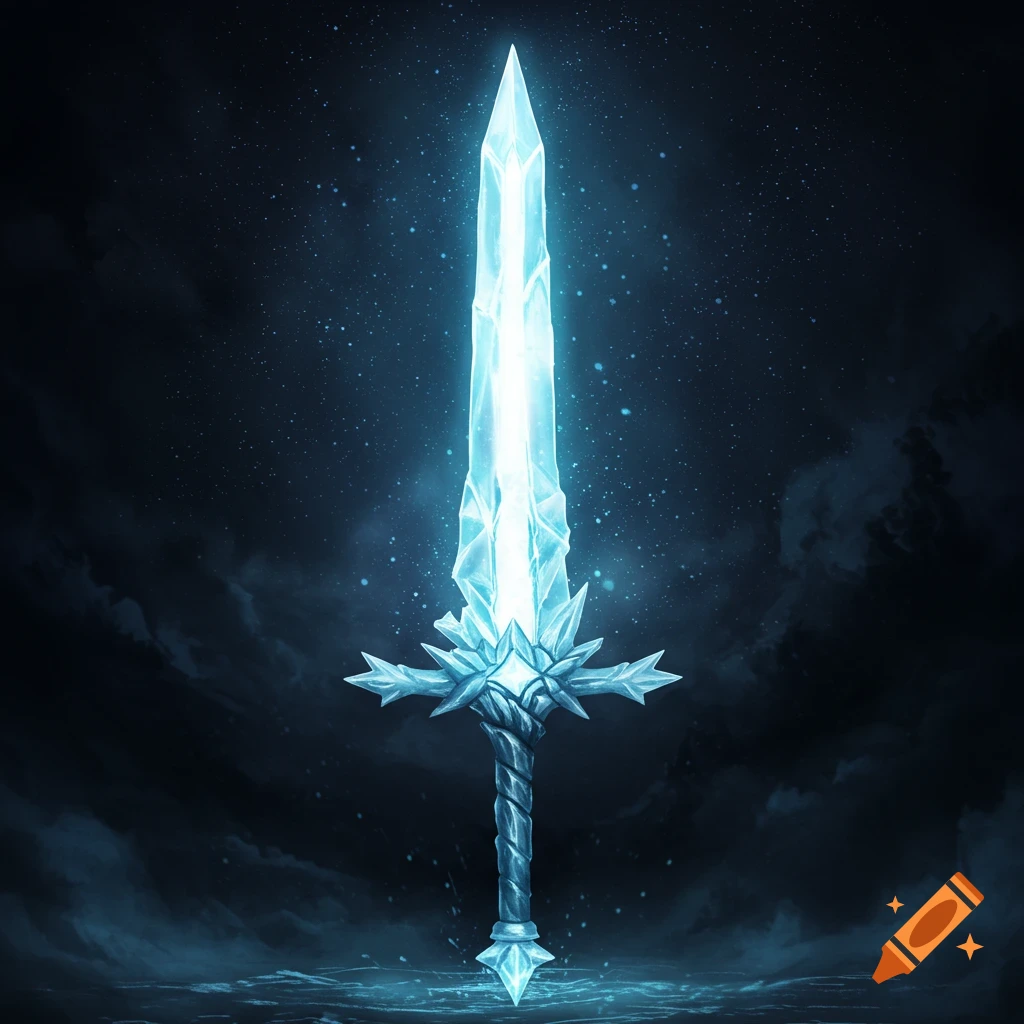 A glowing blue ice sword stands in a dark, starry environment.