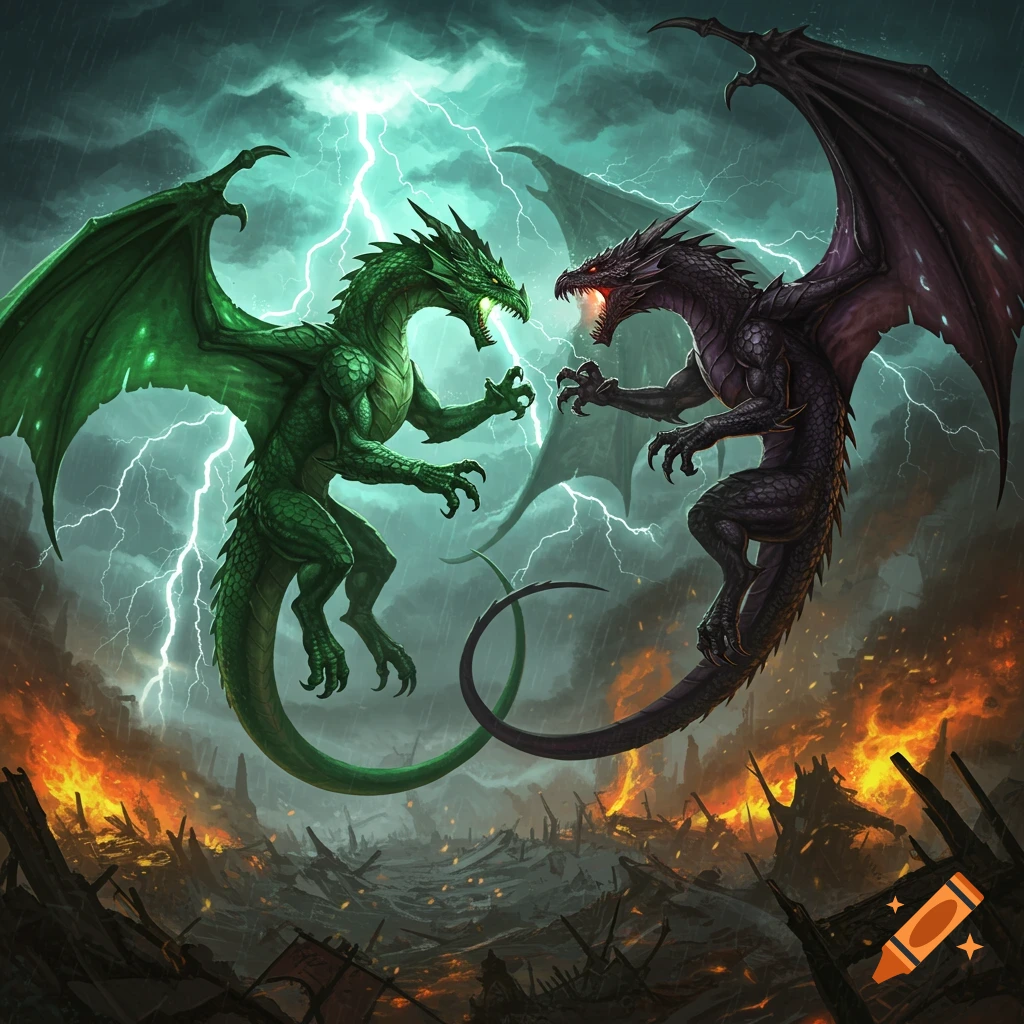 Two dragons, one green and one black, are battling in a storm over a fiery landscape.