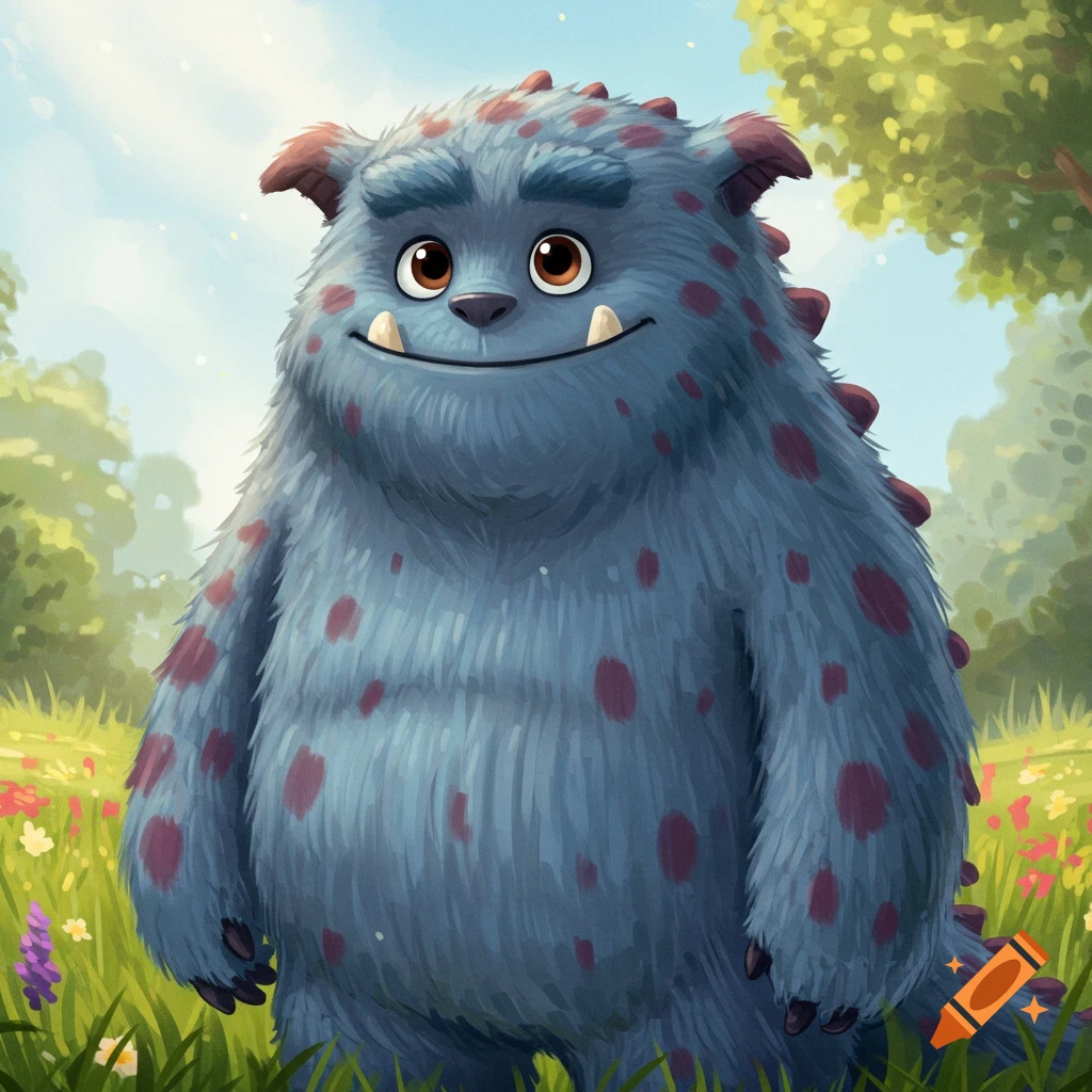 A friendly blue furry monster with purple spots stands in a grassy field.