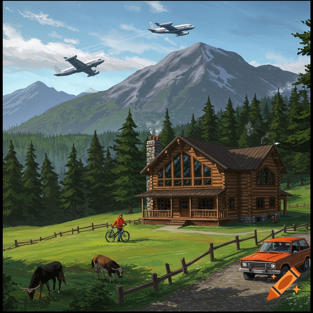 A log cabin is nestled in a mountain landscape with flying planes, a person on a bike, cattle, and a car.