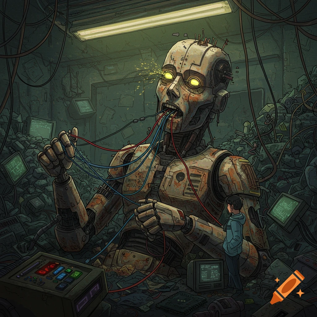 A large, decaying robot connected by wires in a cluttered room with screens, viewed by a small person.