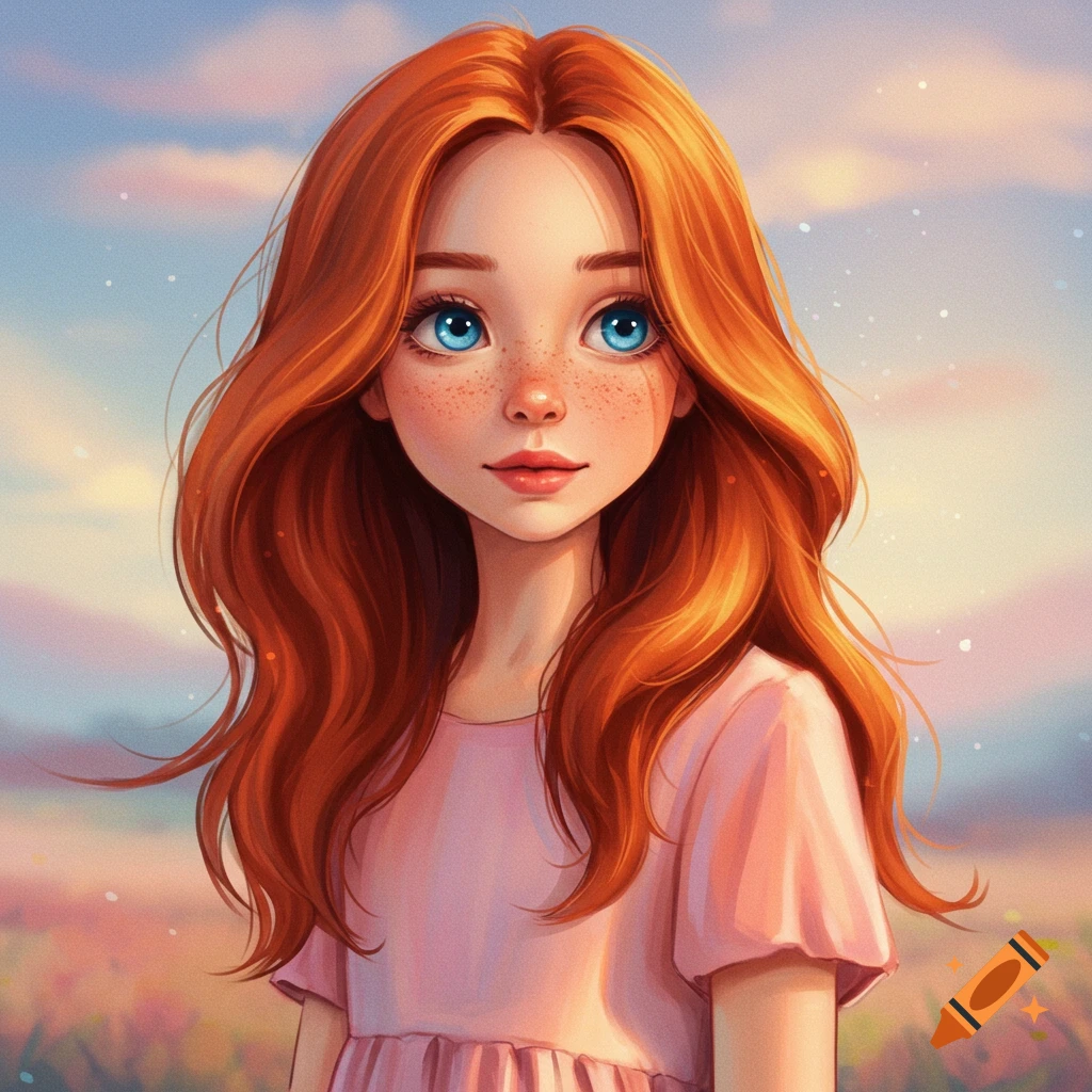 A girl with red hair and freckles is looking up against a blurred field and sky background.