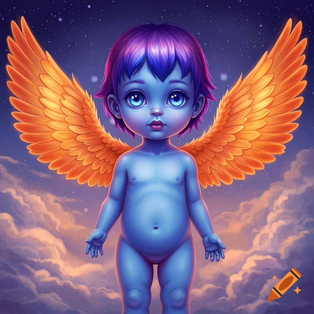 A blue baby with purple hair and orange wings floats among clouds and stars.