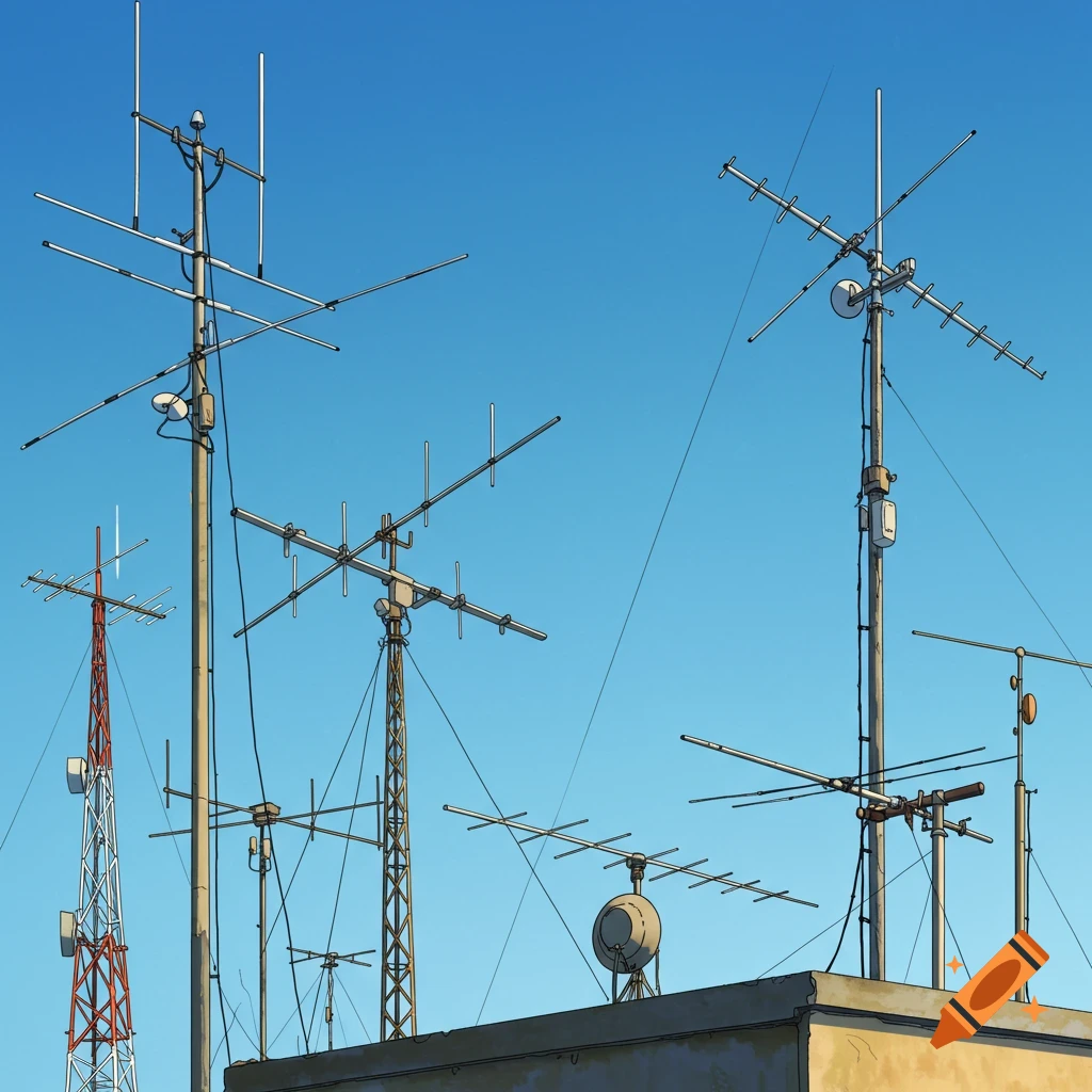 radio antennas and towers on rooftops against a blue sky.