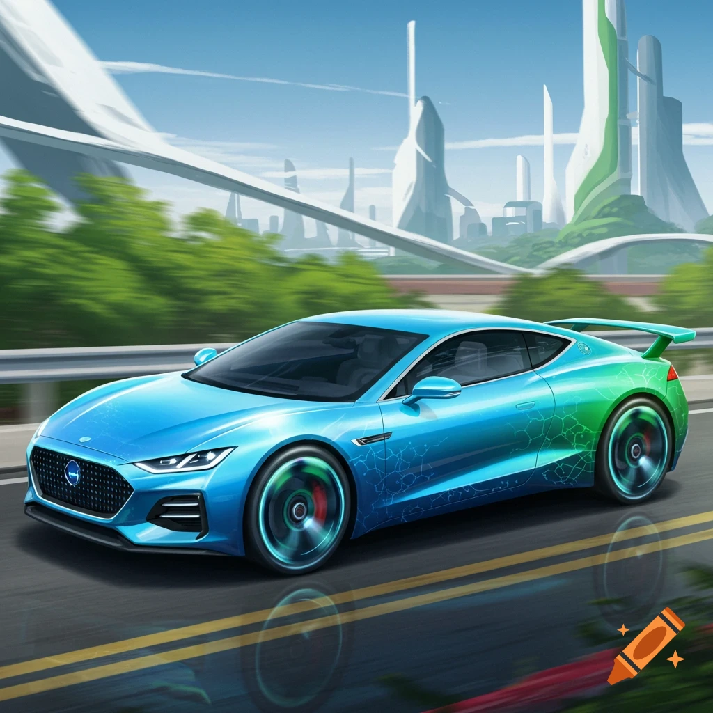 A futuristic blue and green car driving in a futuristic cityscape.