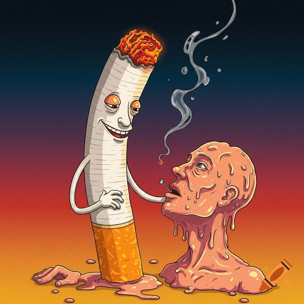 Surreal illustration of a giant anthropomorphic cigarette smoking a melting  human head. on Craiyon