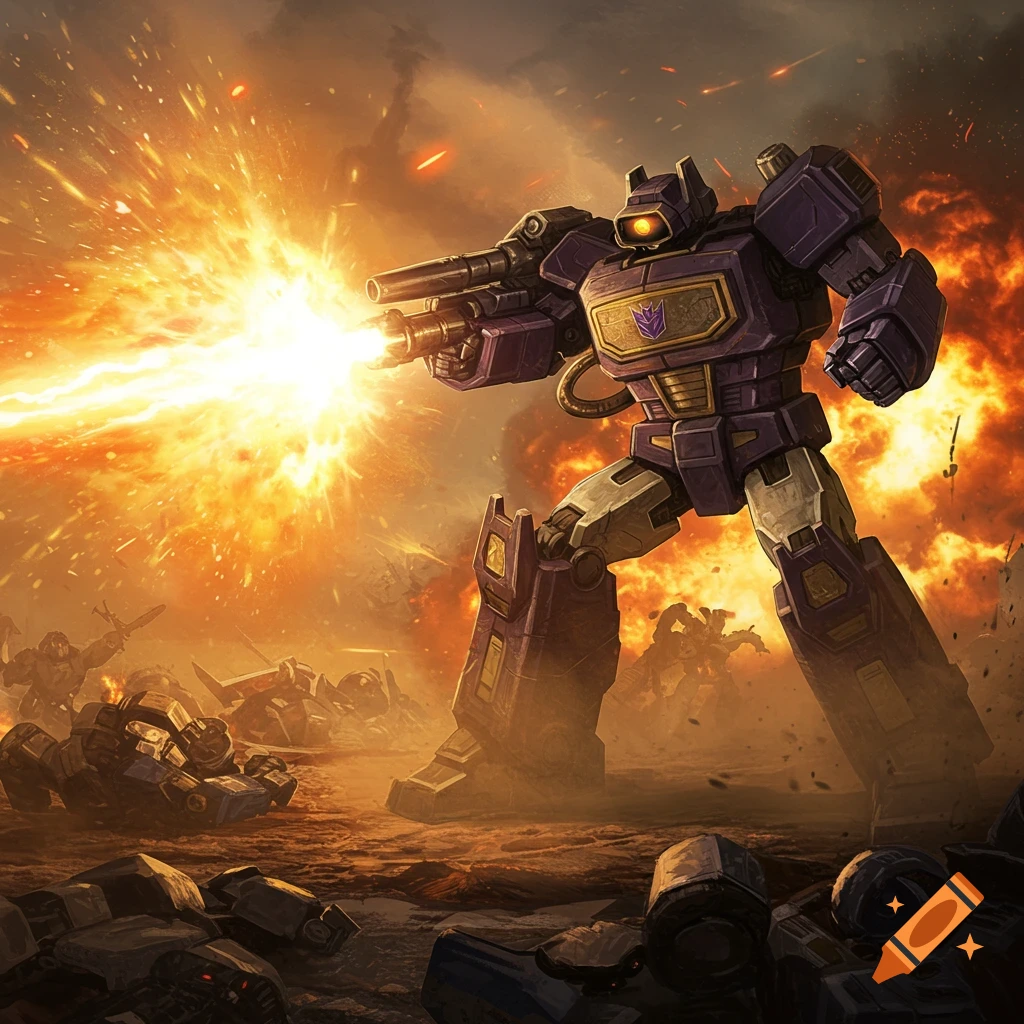 A depiction of the purple Transformer Shockwave firing a weapon during a battle, surrounded by explosions and debris.