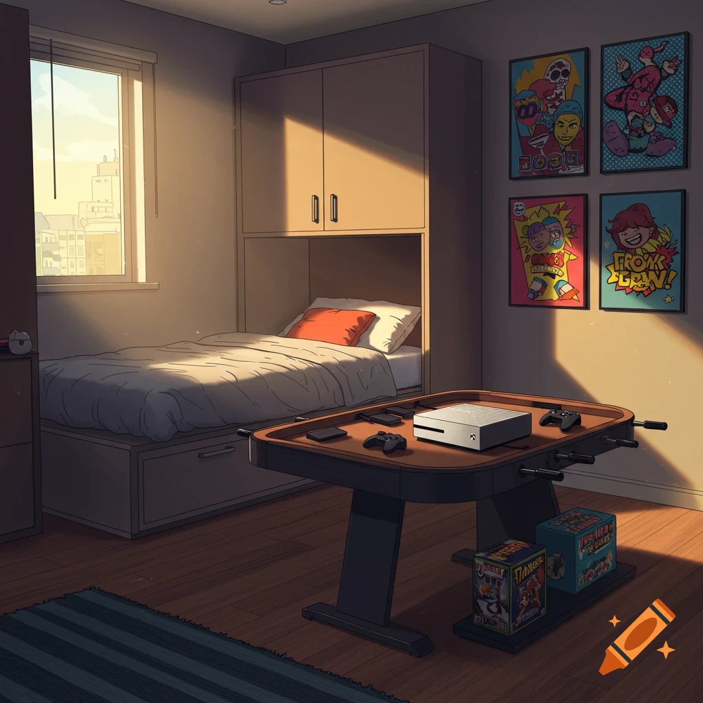 A sunlit room features a bed, a game table with an Xbox and controllers, and colorful posters on the wall.