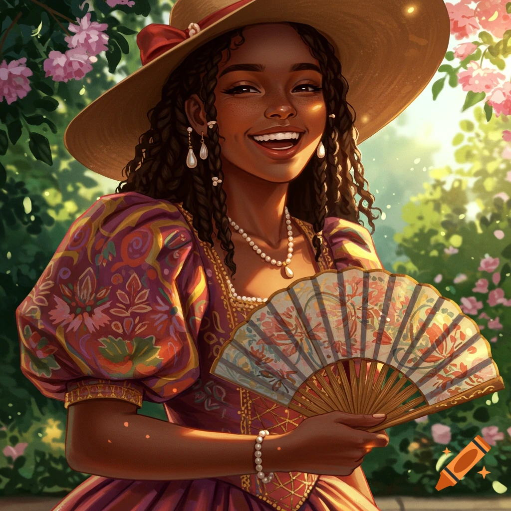 Smiling woman in historical dress and hat, holding a fan in a garden.