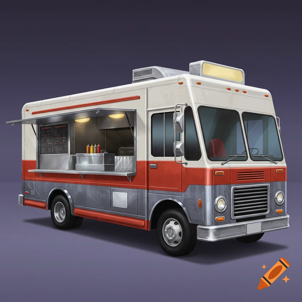 A retro-style food truck with red and silver accents.