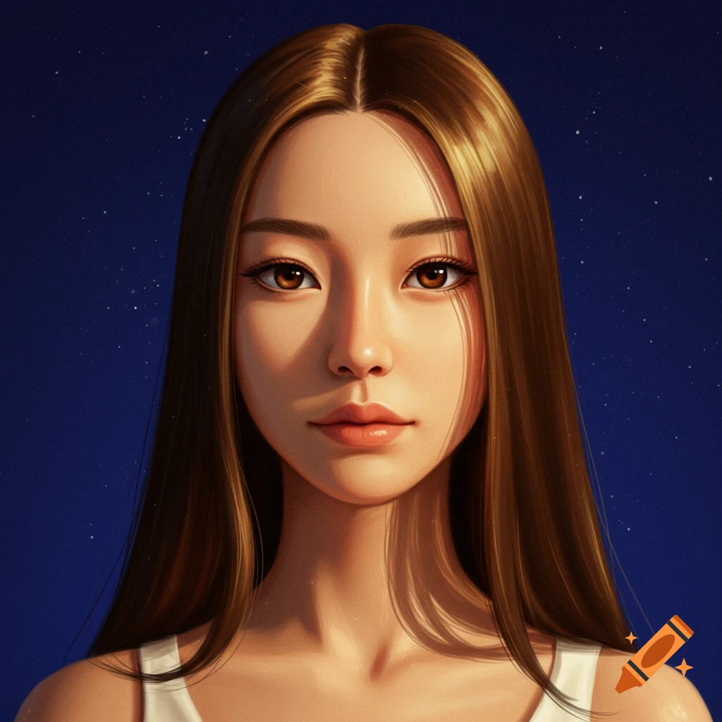 A woman with long brown hair against a starry blue sky