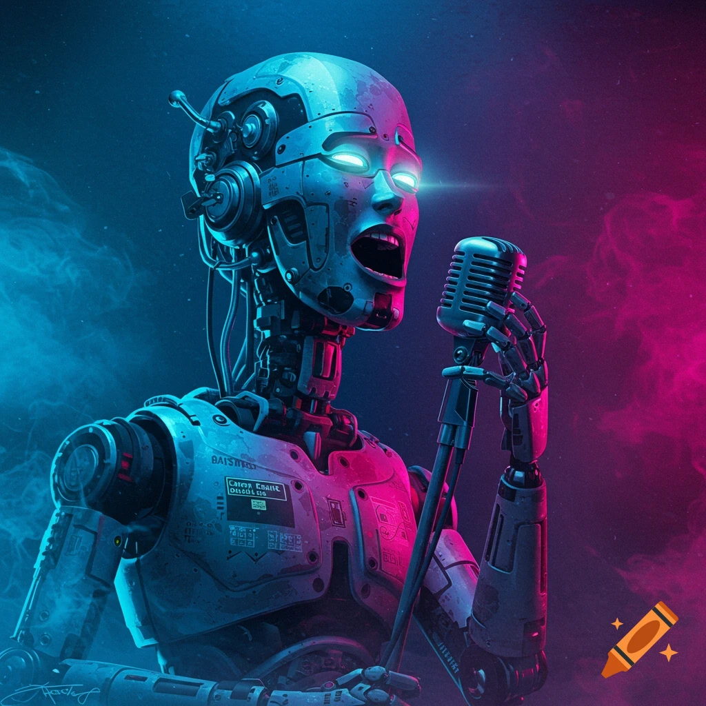 A robot sings into a microphone under neon blue and pink lights.