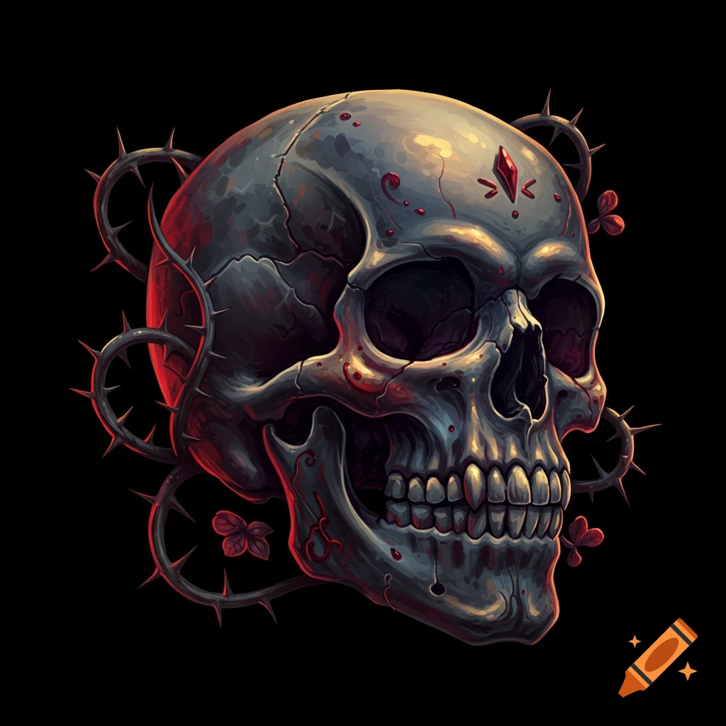 A gothic skull wrapped in thorny vines on a black background