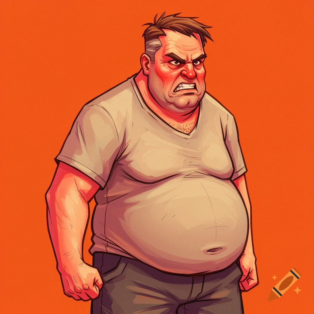 Cartoon illustration of an angry, stout middle-aged man with a large belly against an orange background.