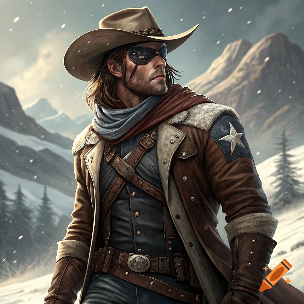 A male character in a cowboy hat, goggles, and coat stands in a snowy mountain landscape.