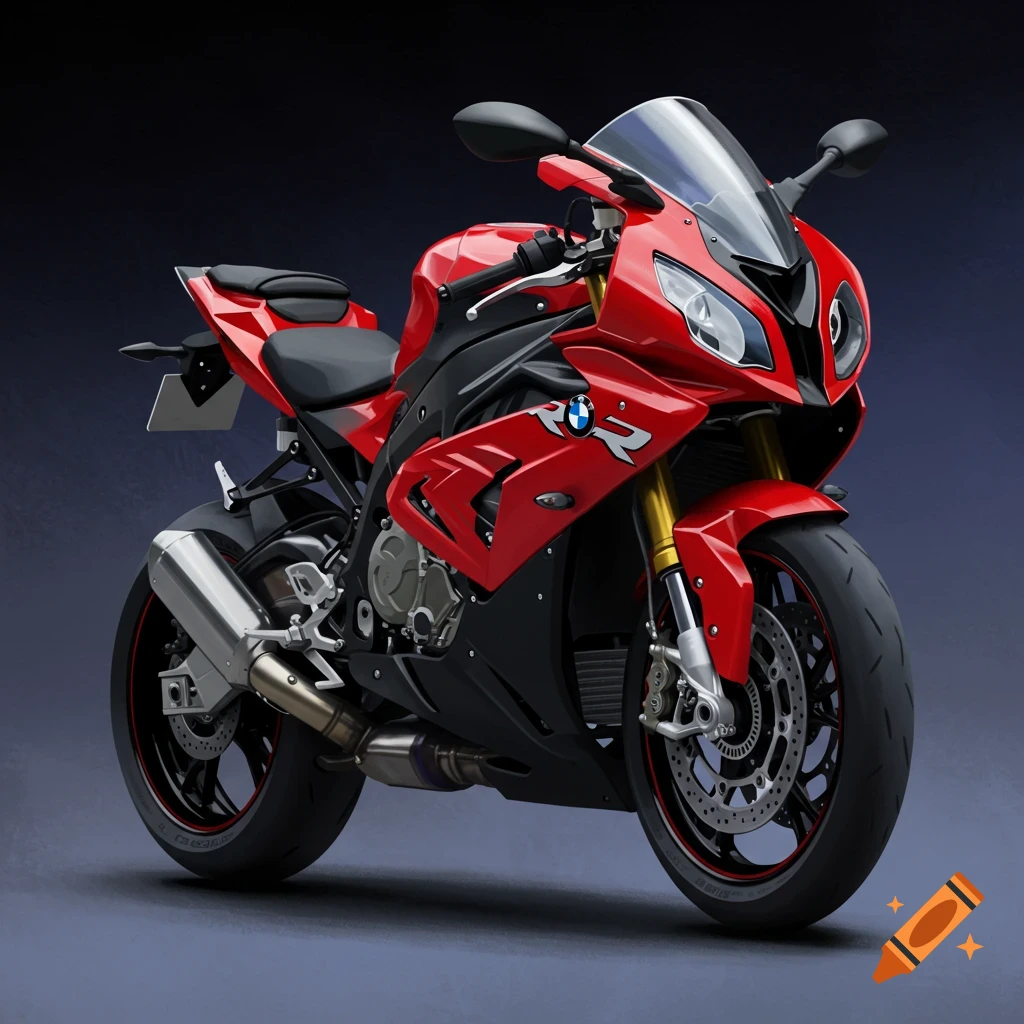 A red and black BMW S1000RR motorcycle from a frontal view.