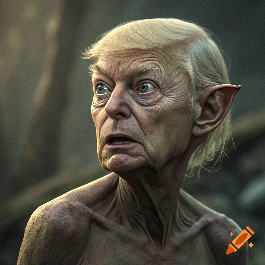 Detailed portrait of a creature with Donald Trump's face on Gollum's body.
