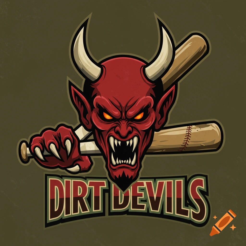 Baseball team logo featuring a red devil mascot head holding a bat above the text DIRT DEVILS.