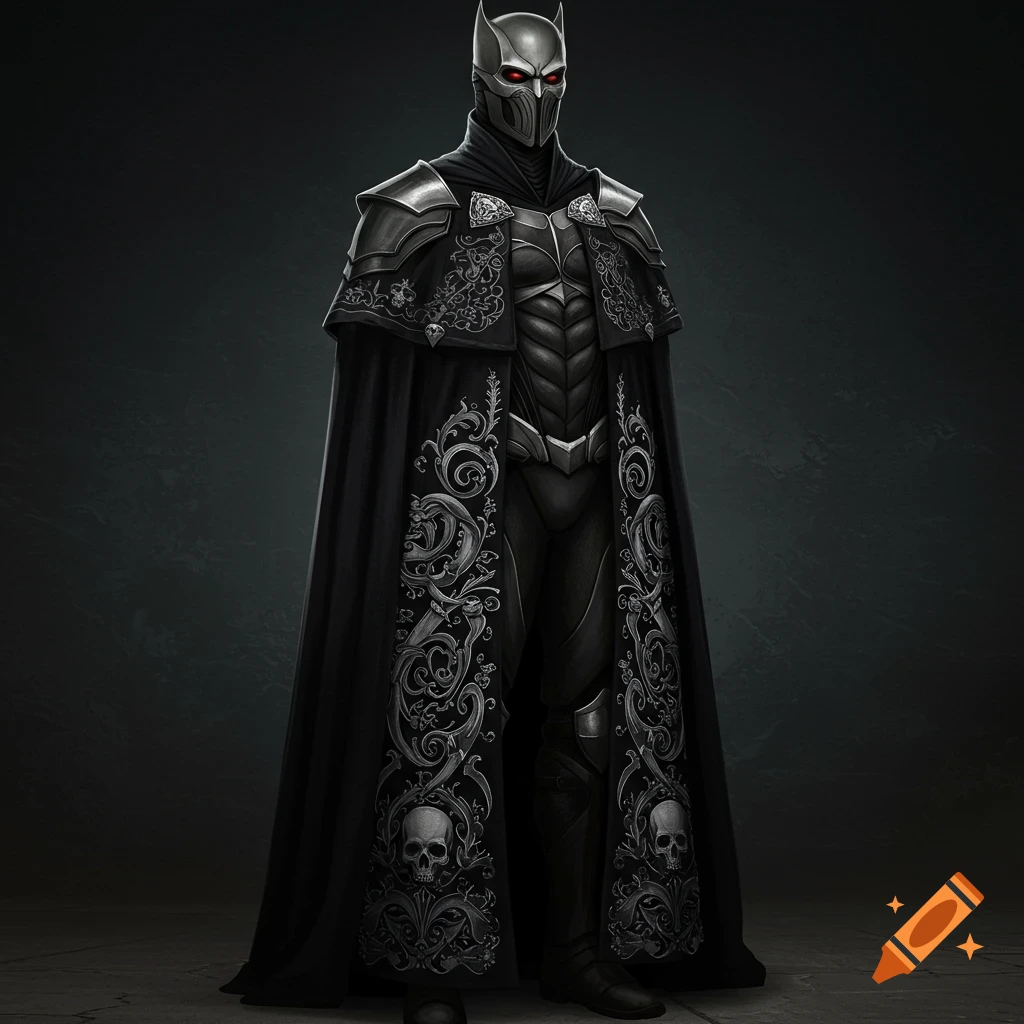 A person in a black Gothic superhero costume with silver armor and a cape adorned with silver scrollwork and skulls.