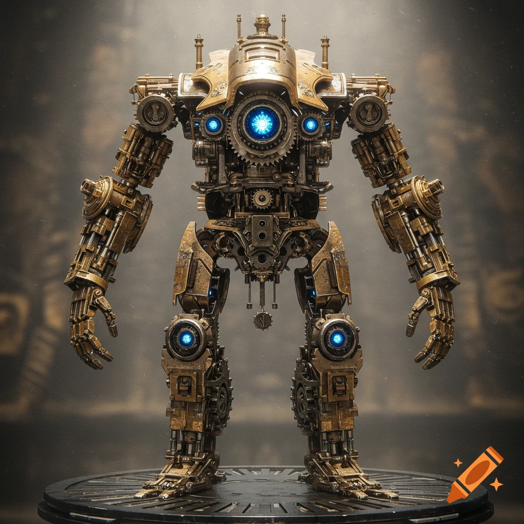 Detailed steampunk robot made of brass cogs with glowing blue eyes stands on a platform.