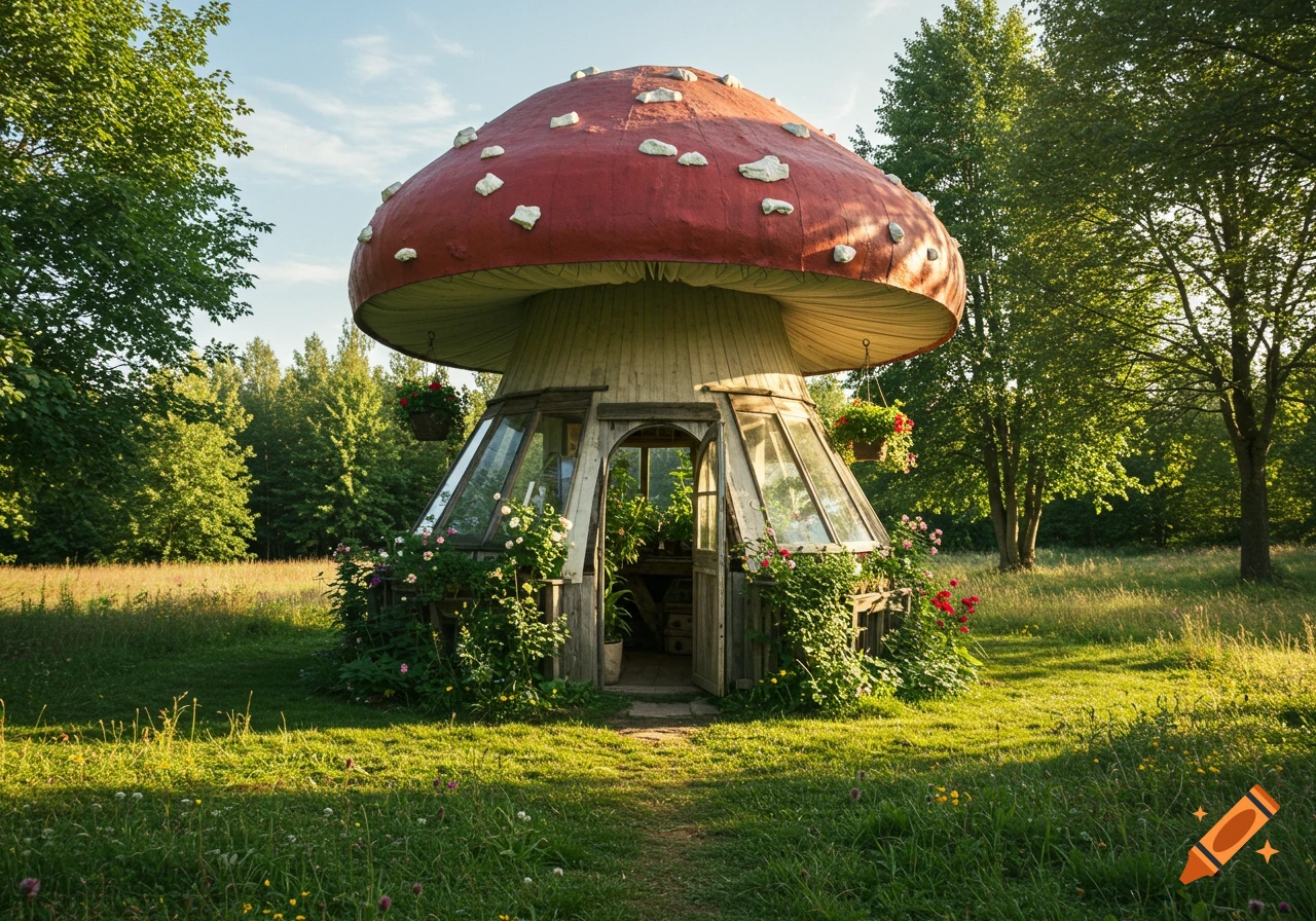 A whimsical mushroom-shaped house in a grassy field at sunset