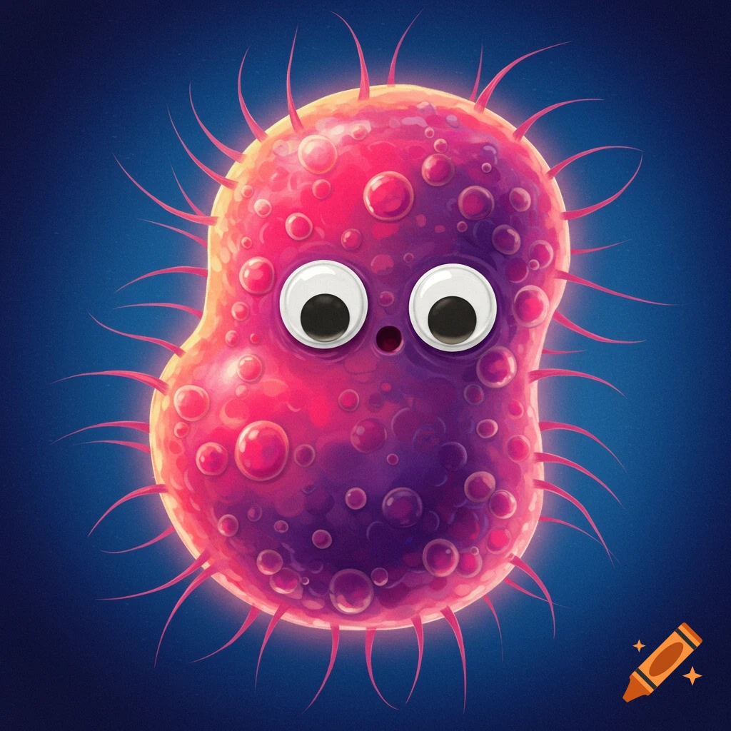 A cartoon bacteria germ with googly eyes.