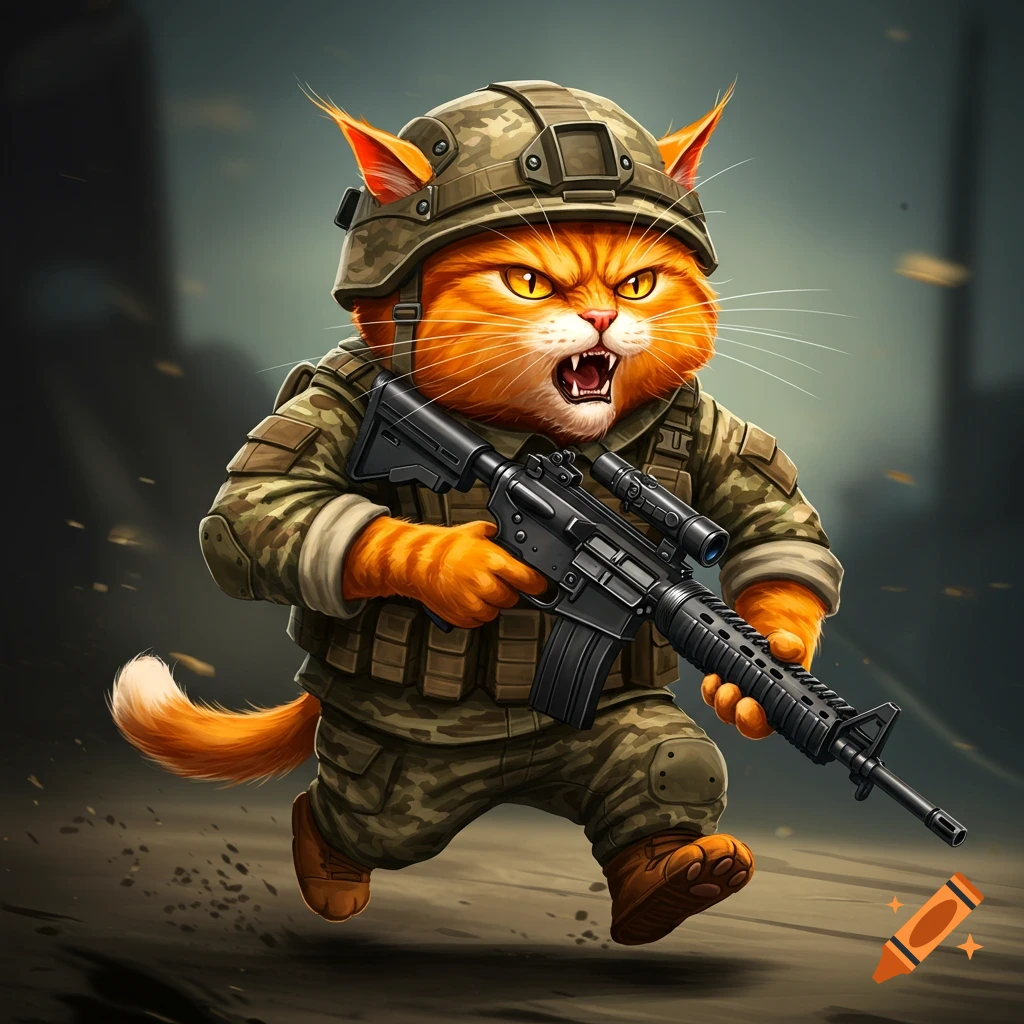 Stylized depiction of an angry orange cat in military gear running and carrying a rifle.