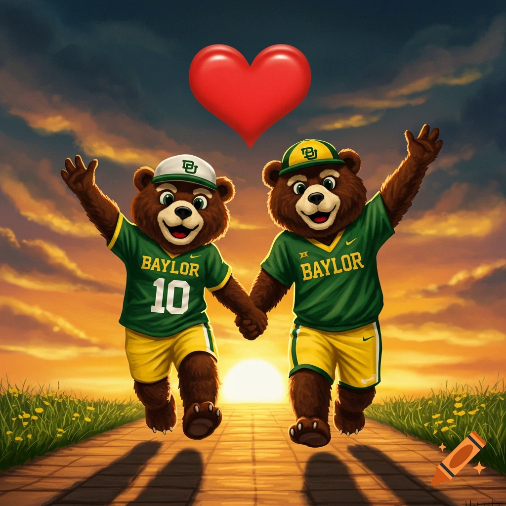 Two cartoon bear mascots in Baylor uniforms hold hands and skip towards a sunset with a heart.