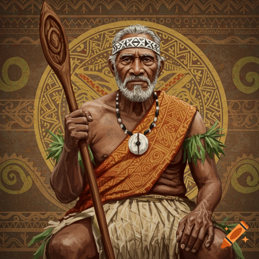 An elderly man with a staff, wearing traditional clothing and headband, against a background of tribal patterns.