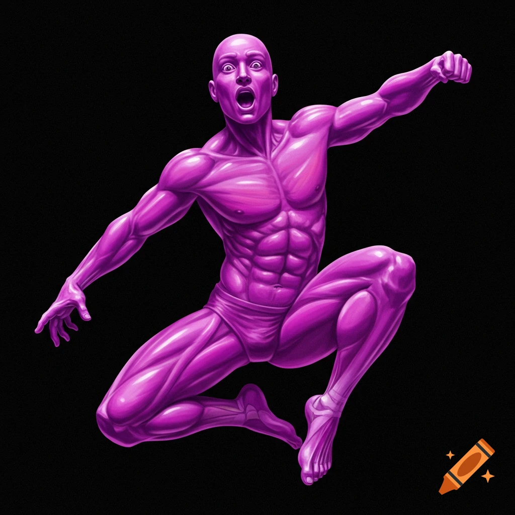 A jumping purple muscular man