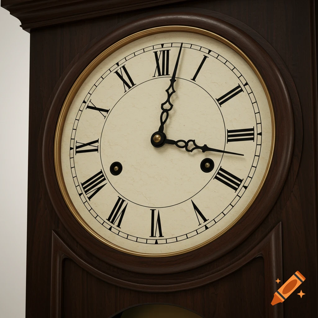 Close-up of a detailed wooden clock face with Roman numerals showing approximately 6:55.