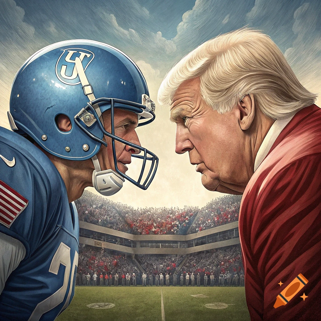 Illustration of two men resembling Biden and Trump facing off, one in a football uniform and helmet, the other in a suit, on a football field with stadium in the background.