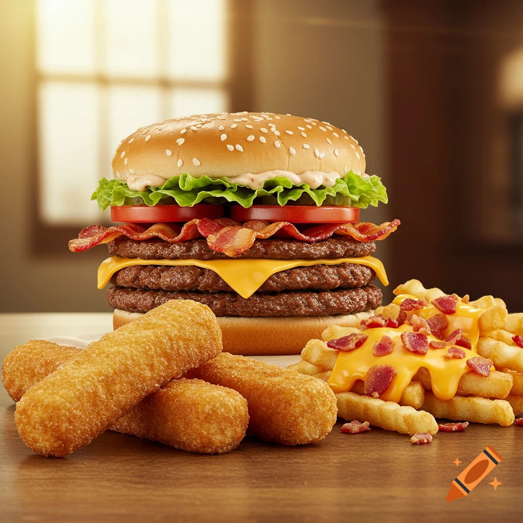 A photorealistic image of a large burger, cheesy bacon fries, and fried mozzarella sticks on a wooden table.