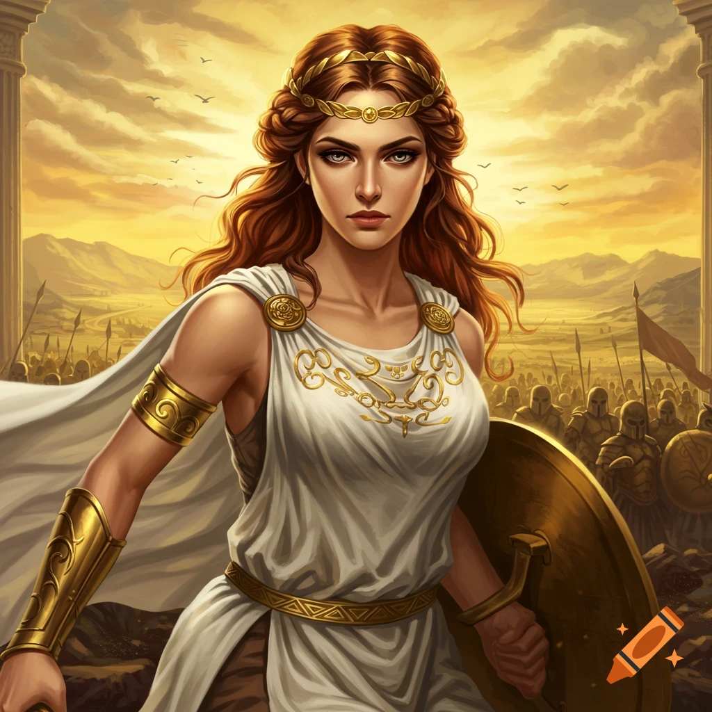 Female warrior in white and gold armor holding a shield with an army behind her at sunset