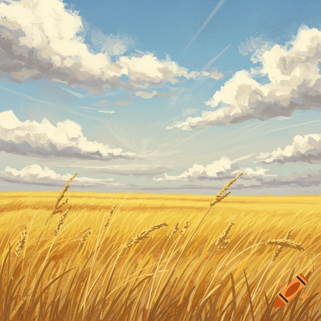 A golden wheat field under a cloudy blue sky.