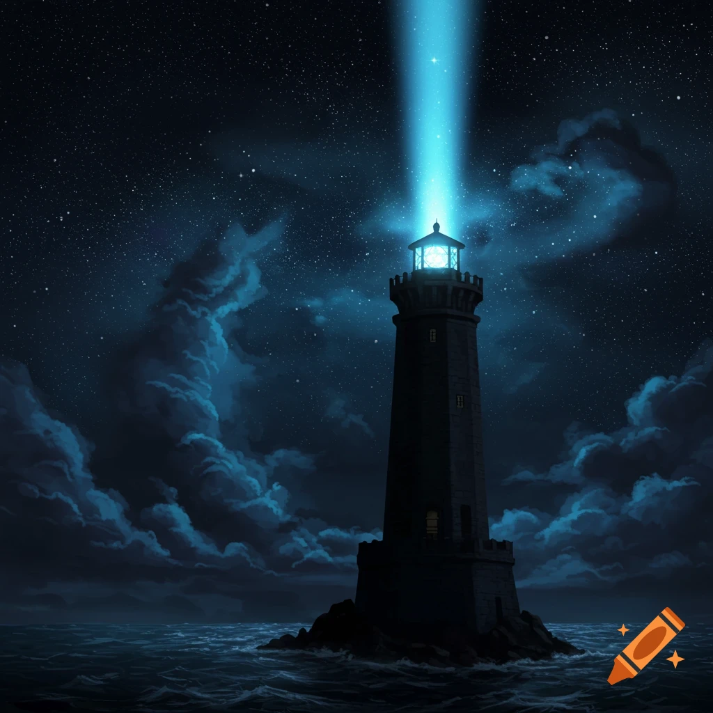 A lighthouse stands on a rocky island at night, its bright beam reaching into a starry sky over stormy seas.