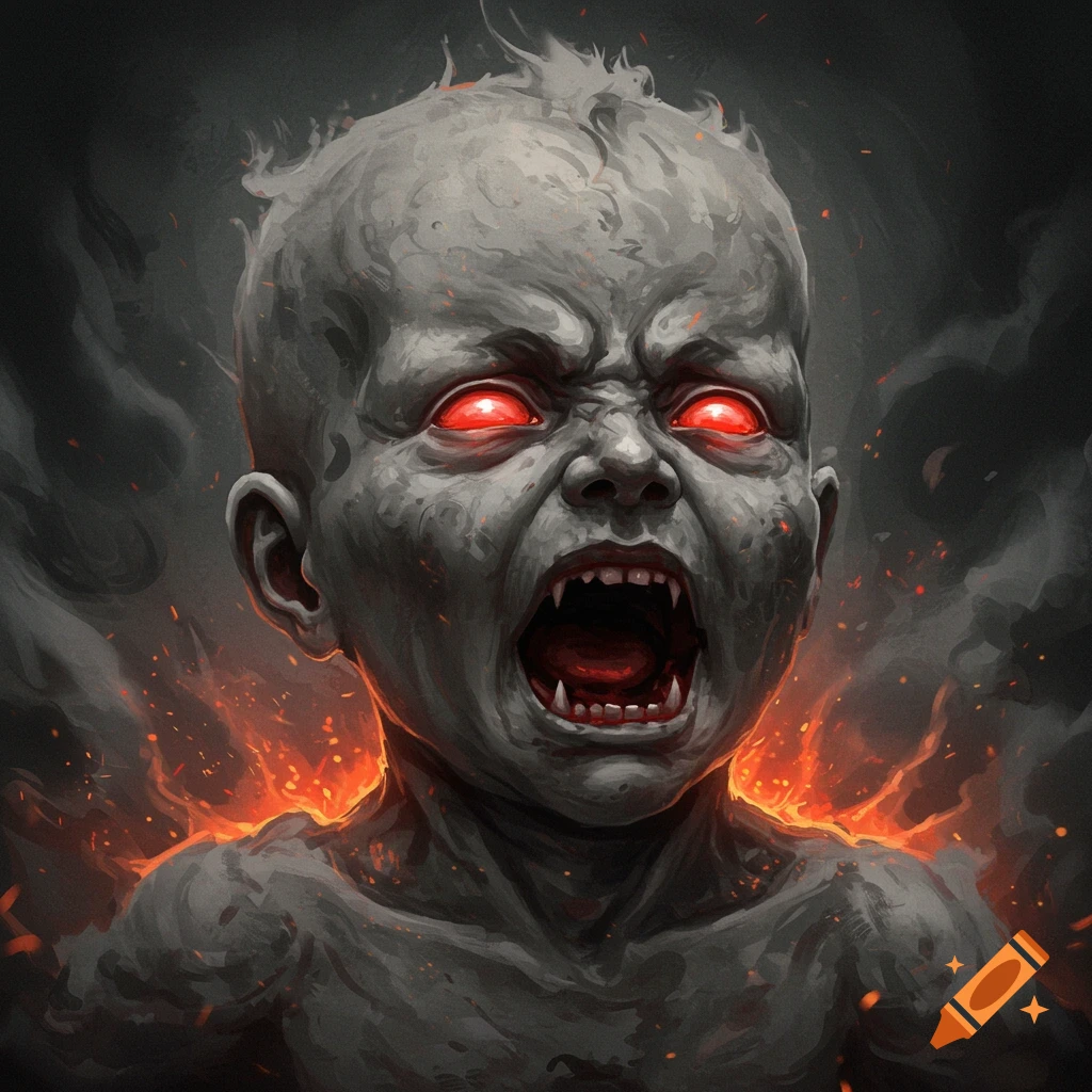 Image of a screaming ash baby with red eyes and fangs, surrounded by fire and smoke.