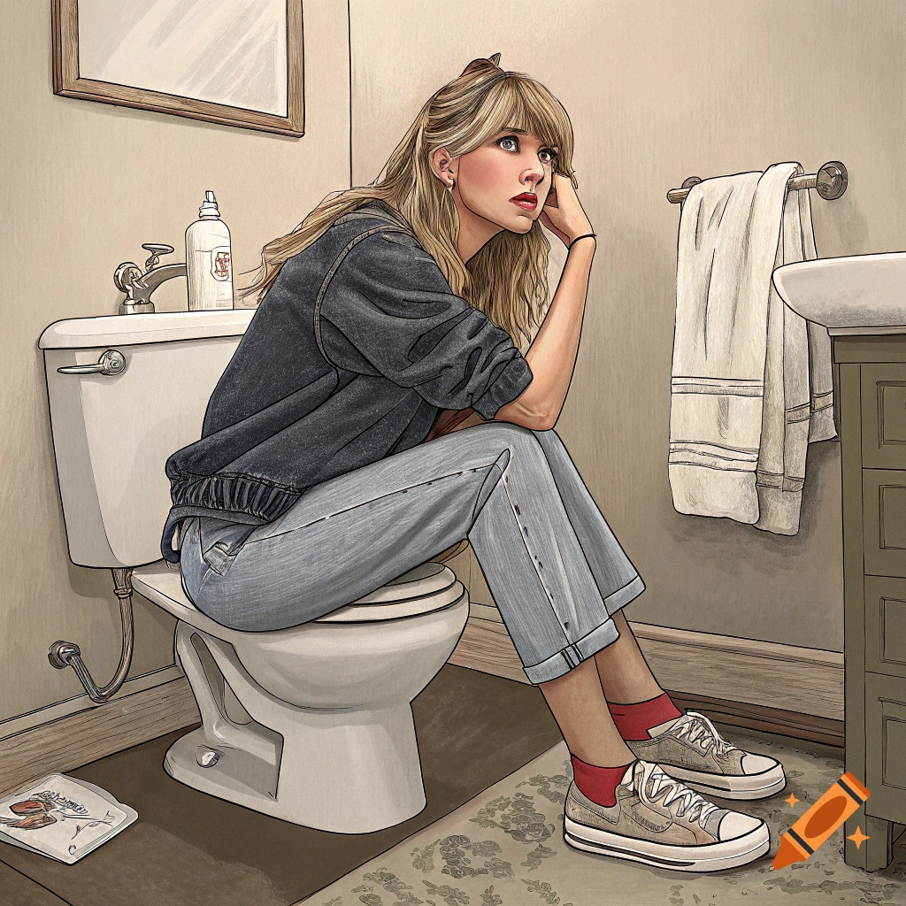 An illustration of a woman resembling Taylor Swift sitting on a toilet looking thoughtful.