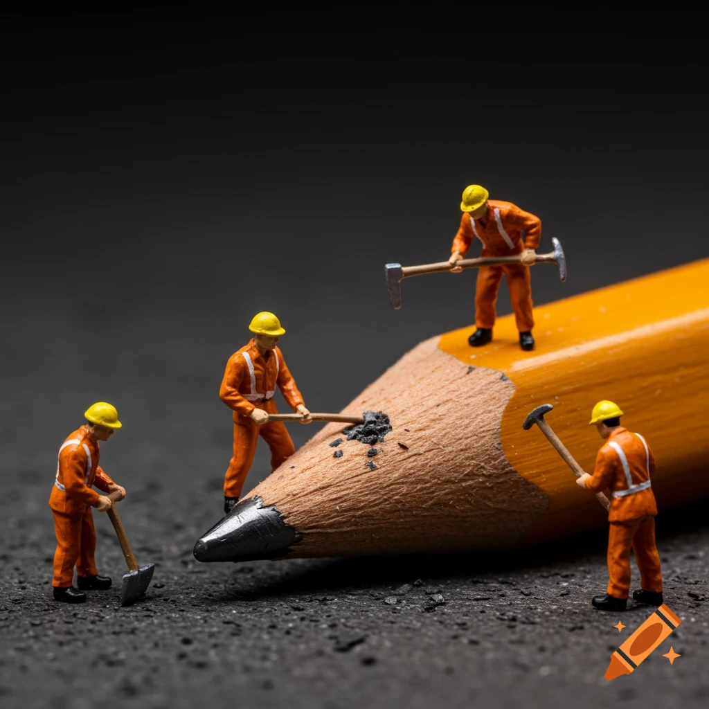 Miniature construction workers digging into the graphite tip of a large pencil