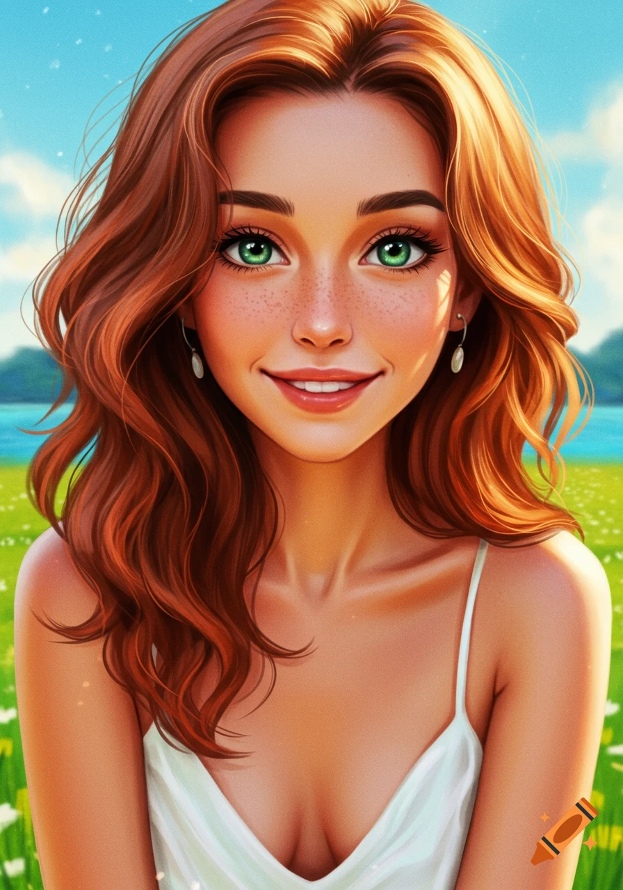 A young woman with green eyes, freckles, and red hair is smiling in a sunny field.