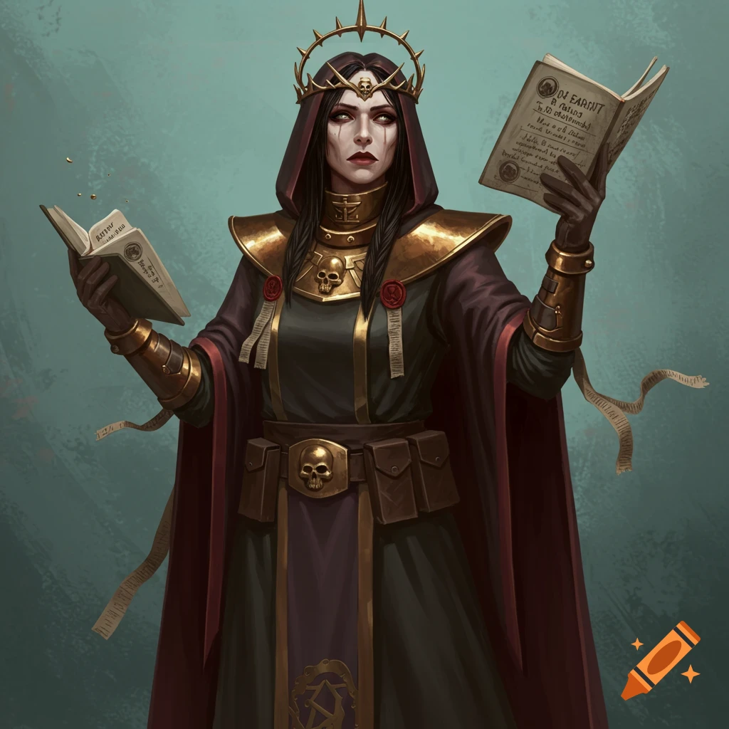 A woman in a spiked crown, hooded robe, and armor holding two open books.
