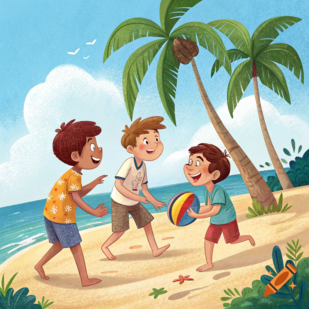 Illustration of three boys playing with a ball on a beach with palm trees.