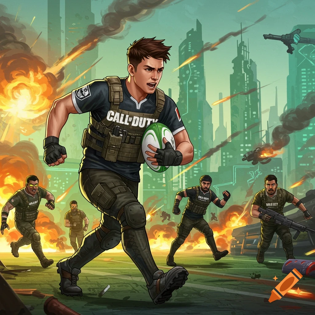 Stylized comic art of a rugby player in tactical gear running with a ball through a futuristic city battlefield with explosions and other players.