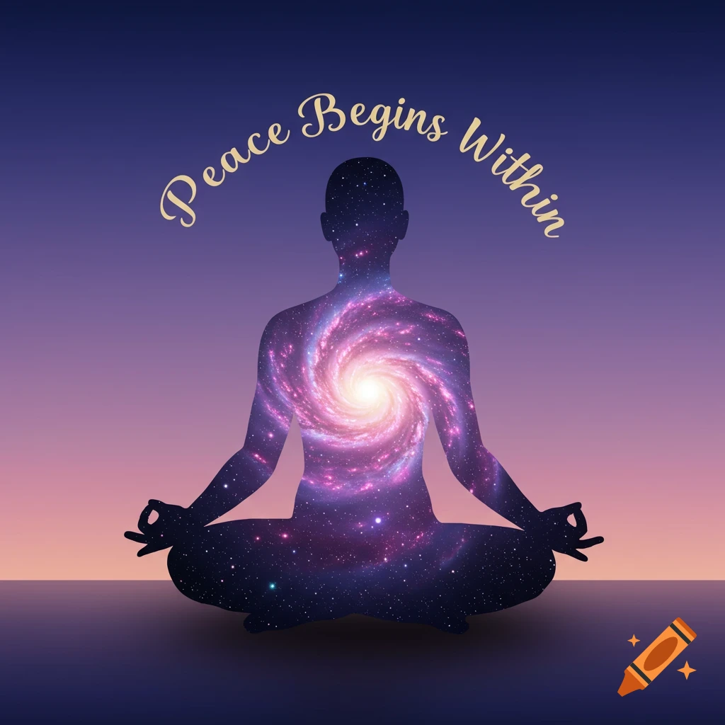 Silhouette of a meditating person filled with a galaxy against a gradient sky, with the text 'Peace Begins Within' above.