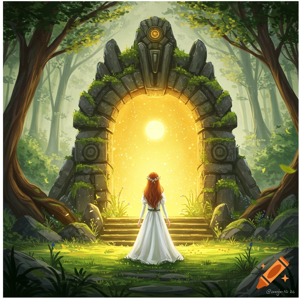 A girl in a white dress stands before a glowing stone portal in a forest.