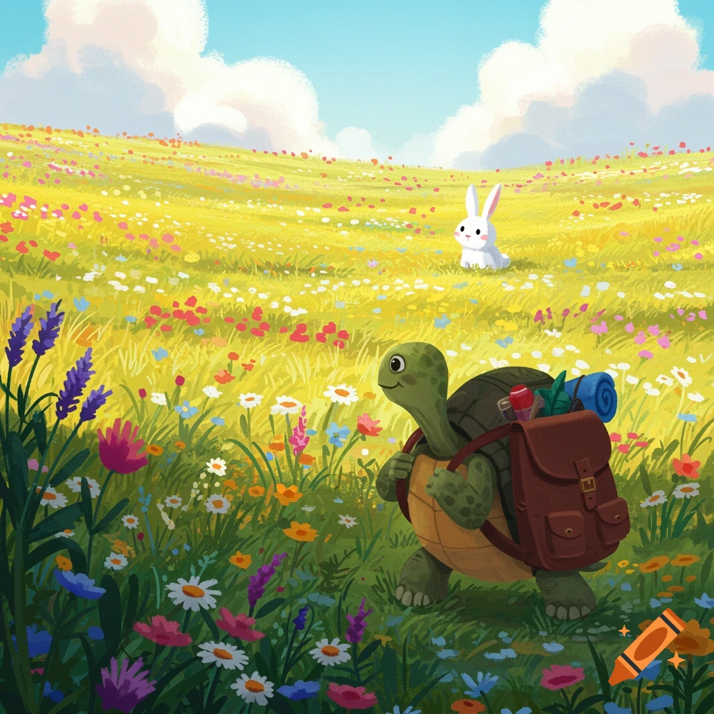 A cartoon turtle with a backpack walks through a sunny meadow filled with flowers, with a white bunny in the background.