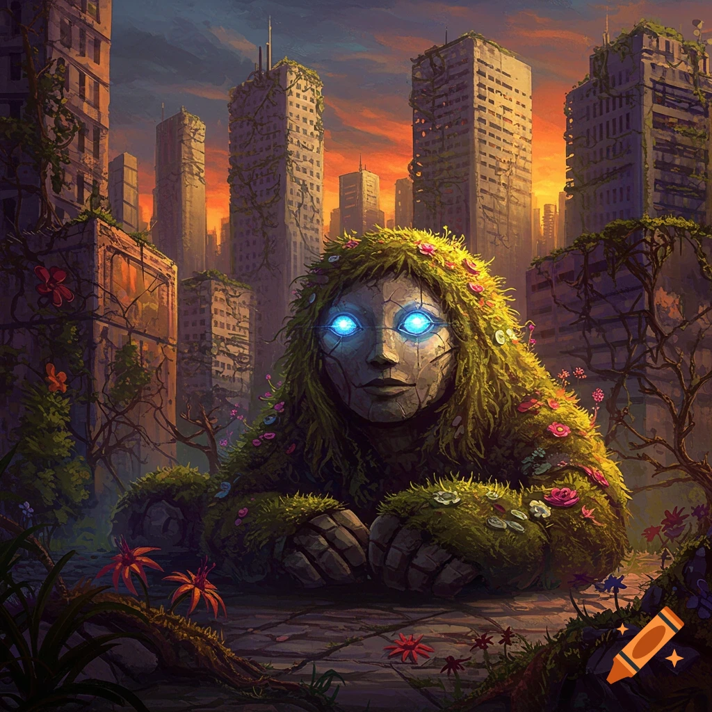 A large moss creature with glowing eyes is in a ruined city overtaken by nature.