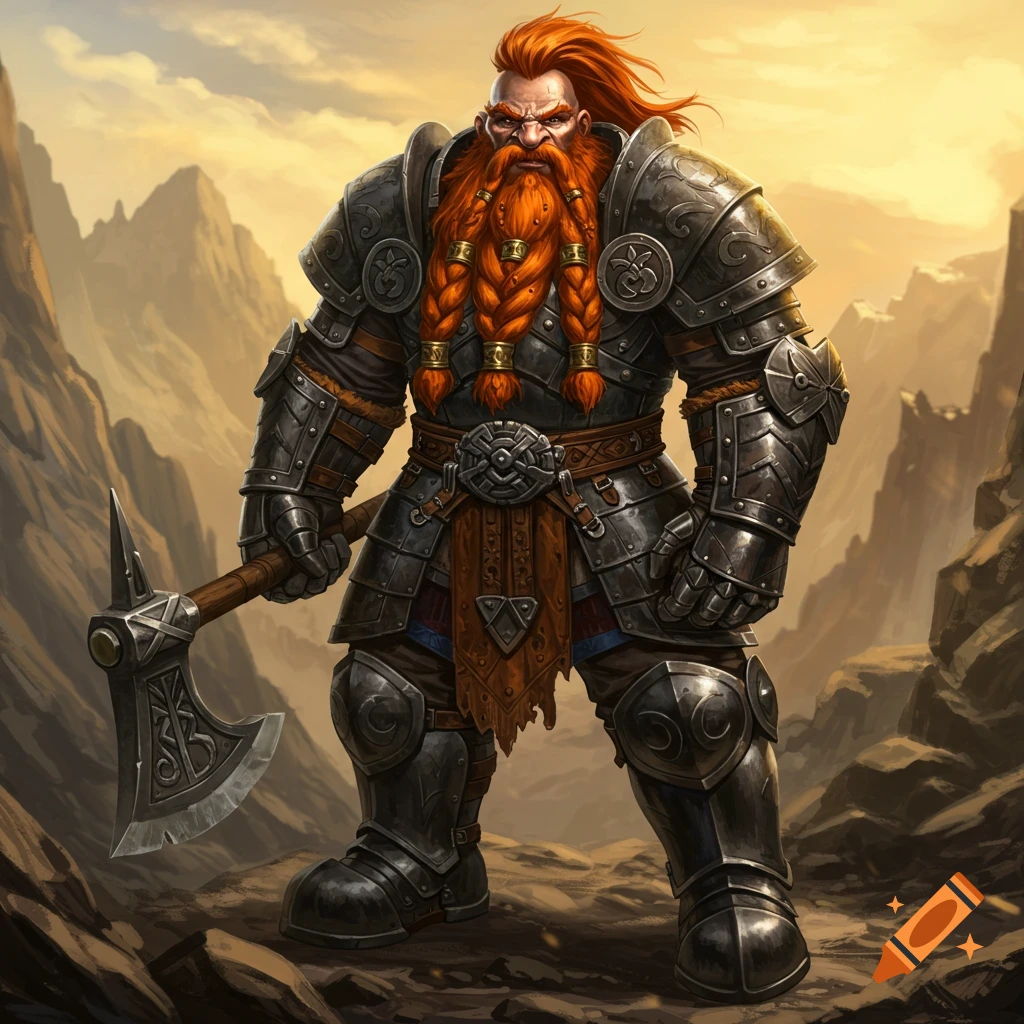 An armored dwarf warrior with red hair and beard, holding an axe, in a mountain landscape.